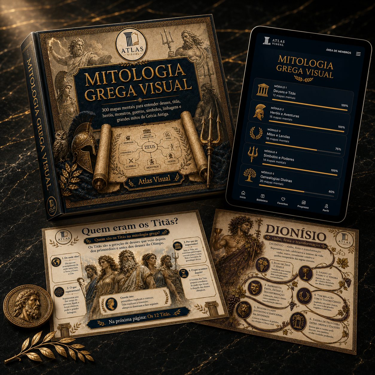Mockup do livro Mitologia Grega Visual com páginas e aplicativo